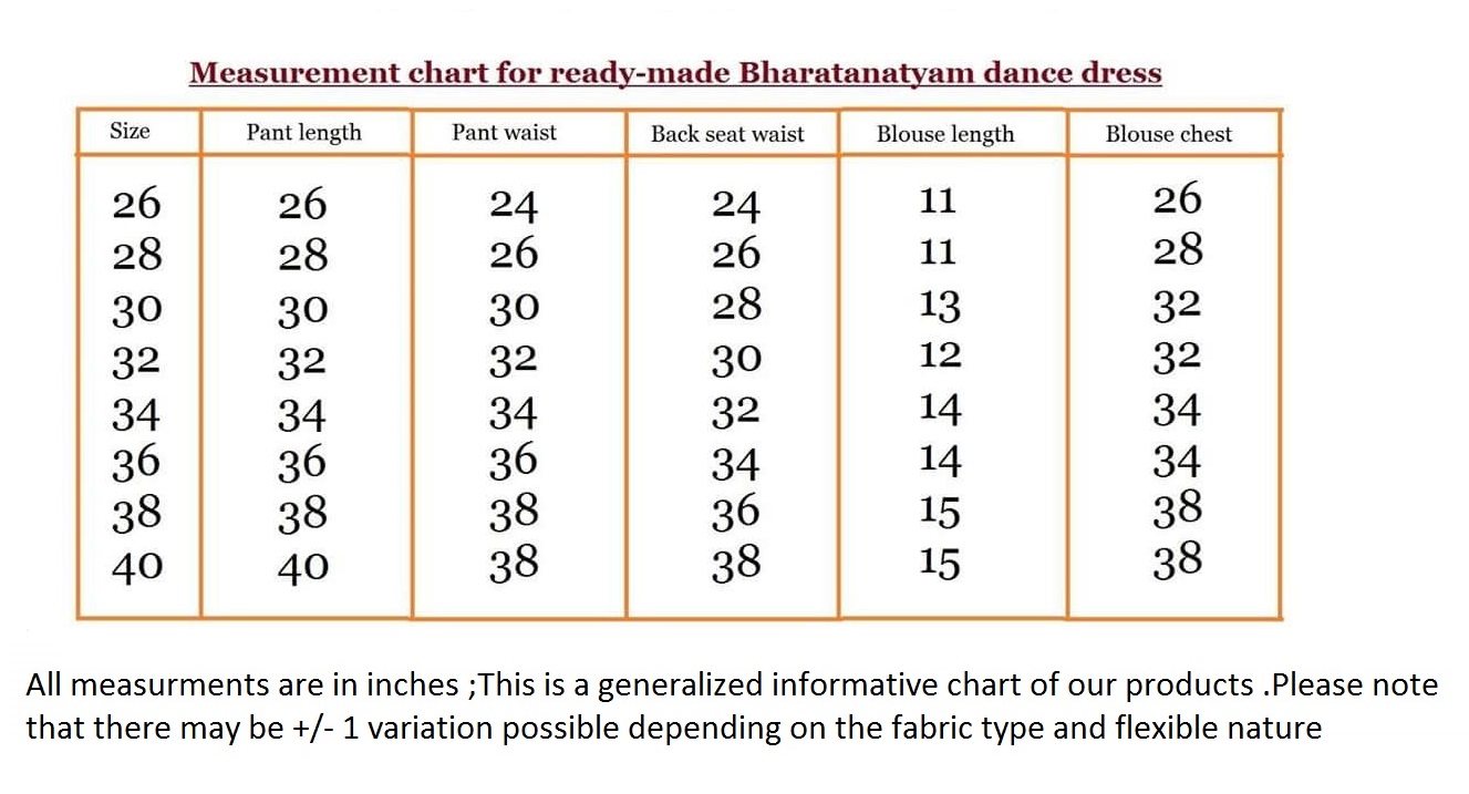 Odissi Dress MEASURMENT CHART FOR BHARATANATYAM DRESS